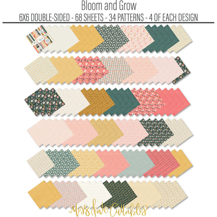 Bloom and Grow 6x6 Double-Sided Paper Pack, papers spread out image, showing 6x6 scrapbook paper for handmade cards, mini albums, junk journals, paper layering, small-scale layouts, and coordinated paper crafts. Buyer theme: Spring Floral 6x6 Paper for Card Making. Bloom and Grow 6x6 double-sided scrapbook paper with scaled spring floral, garden, plaid, dot and stripe patterns for cards and mini albums