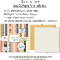 Bloom and Grow 6x6 Double-Sided Paper Pack, 6x6 paper pack cover and includes preview, showing 6x6 scrapbook paper for handmade cards, mini albums, junk journals, paper layering, small-scale layouts, and coordinated paper crafts. Buyer theme: Spring Floral 6x6 Paper for Card Making. Bloom and Grow 6x6 double-sided scrapbook paper with scaled spring floral, garden, plaid, dot and stripe patterns for cards and mini albums