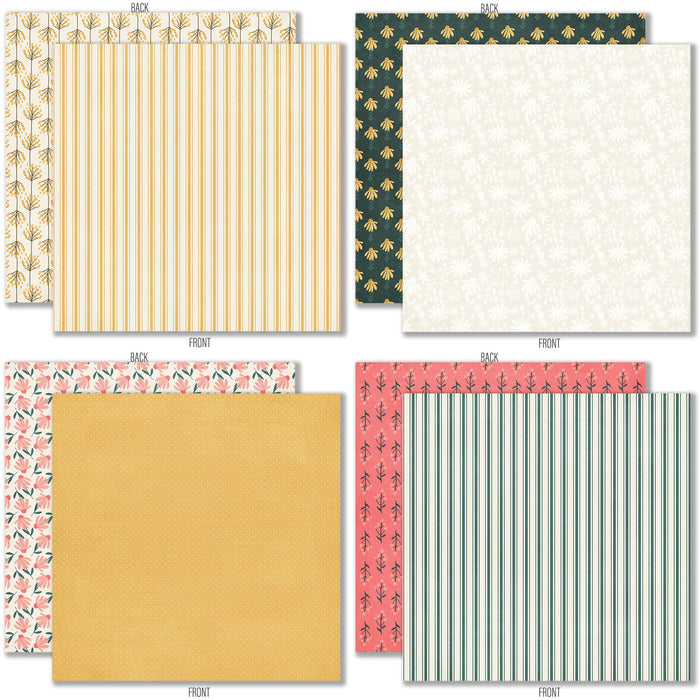 Bloom and Grow 6x6 Double-Sided Paper Pack, 6x6 double-sided paper pack paper patterns 1 through 8 preview, showing 6x6 scrapbook paper for handmade cards, mini albums, junk journals, paper layering, small-scale layouts, and coordinated paper crafts. Buyer theme: Spring Floral 6x6 Paper for Card Making. Bloom and Grow 6x6 double-sided scrapbook paper with scaled spring floral, garden, plaid, dot and stripe patterns for cards and mini albums