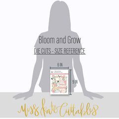 Bloom and Grow Die Cuts, size guide image, showing pre-cut scrapbook embellishments for layouts, handmade cards, journals, mini albums, memory pages, and layered paper crafts. Buyer theme: Spring Floral Die Cuts & Garden Ephemera. Bloom and Grow die cuts with daisies, coneflowers, wildflower sprigs, botanical frames and uplifting floral title phrases. Color palette includes Coral pink, blush, peach, mustard gold, cream, sage, dusty teal, deep teal and warm taupe