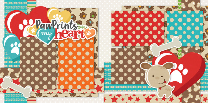 This Paw Prints On My Heart Dog scrapbook page kit features a warm and playful 12x12 layout with layered hearts in red, teal, and yellow, white paw print icons, bone motifs, and a smiling tan dog die cut, combined with paper piecing elements, polka dots, stars, and florals. Ideal for scrapbook pages, scrapbook page kits, and premade layouts about pets, dogs, my dog, my pet, new puppy moments, or even christmas puppy memories.