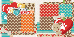 This Paw Prints On My Heart Dog scrapbook page kit features a warm and playful 12x12 layout with layered hearts in red, teal, and yellow, white paw print icons, bone motifs, and a smiling tan dog die cut, combined with paper piecing elements, polka dots, stars, and florals. Ideal for scrapbook pages, scrapbook page kits, and premade layouts about pets, dogs, my dog, my pet, new puppy moments, or even christmas puppy memories.