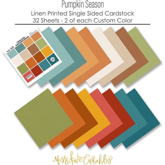 Pumpkin Season Cardstock, papers spread out image, showing 12x12 printed smooth cardstock for scrapbook page bases, photo mats, card making, die cutting, titles, borders, and layered paper projects. Buyer theme: Cozy Autumn Printed Smooth Cardstock 12x12. Printed smooth cardstock in coordinating fall colors including teal, orange, cream, green, mustard, and warm harvest tones. Visible artwork includes sweaters, blankets, autumn leaves, acorns