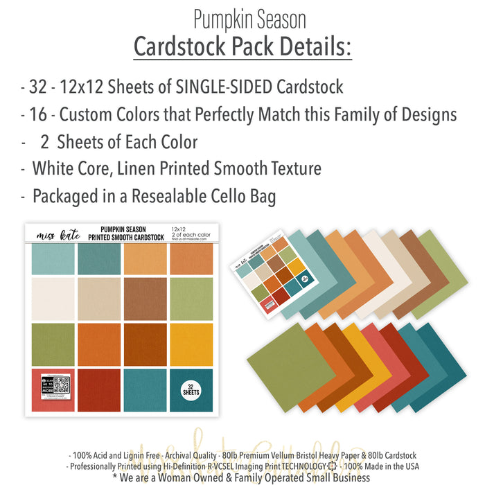 Pumpkin Season Cardstock, includes image, showing 12x12 printed smooth cardstock for scrapbook page bases, photo mats, card making, die cutting, titles, borders, and layered paper projects. Buyer theme: Cozy Autumn Printed Smooth Cardstock 12x12. Printed smooth cardstock in coordinating fall colors including teal, orange, cream, green, mustard, and warm harvest tones. Visible artwork includes blankets, autumn leaves, acorns, berry sprigs