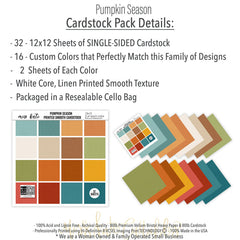 Pumpkin Season Cardstock, includes image, showing 12x12 printed smooth cardstock for scrapbook page bases, photo mats, card making, die cutting, titles, borders, and layered paper projects. Buyer theme: Cozy Autumn Printed Smooth Cardstock 12x12. Printed smooth cardstock in coordinating fall colors including teal, orange, cream, green, mustard, and warm harvest tones. Visible artwork includes blankets, autumn leaves, acorns, berry sprigs