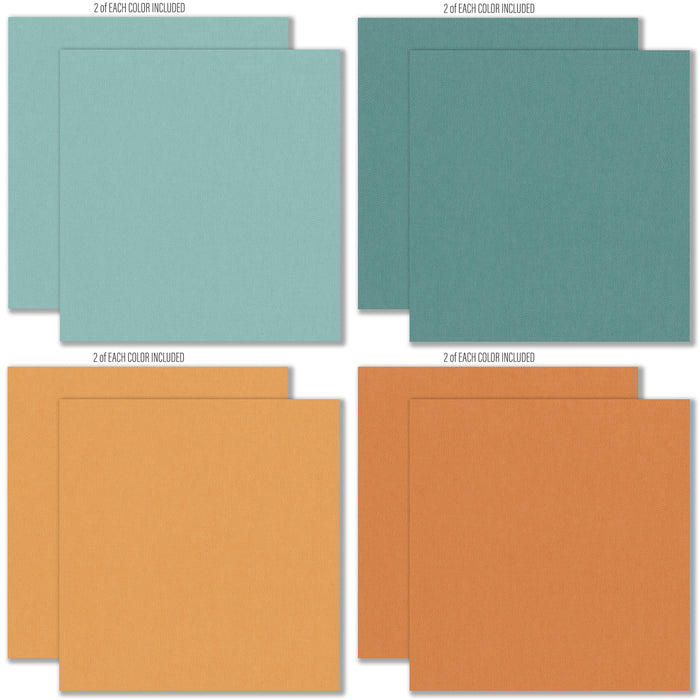 Pumpkin Season Cardstock, cardstock paper patterns 1 through 8 preview, showing 12x12 printed smooth cardstock for scrapbook page bases, photo mats, card making, die cutting, titles, borders, and layered paper projects. Buyer theme: Cozy Autumn Printed Smooth Cardstock 12x12. Printed smooth cardstock in coordinating fall colors including teal, orange, cream, green, mustard, and warm harvest tones. Visible artwork includes autumn leaves, acorns, berry sprigs, journaling cards