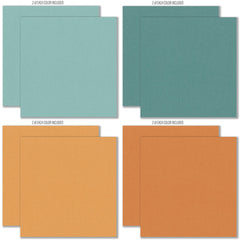 Pumpkin Season Cardstock, cardstock paper patterns 1 through 8 preview, showing 12x12 printed smooth cardstock for scrapbook page bases, photo mats, card making, die cutting, titles, borders, and layered paper projects. Buyer theme: Cozy Autumn Printed Smooth Cardstock 12x12. Printed smooth cardstock in coordinating fall colors including teal, orange, cream, green, mustard, and warm harvest tones. Visible artwork includes autumn leaves, acorns, berry sprigs, journaling cards