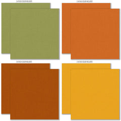 Pumpkin Season Cardstock, cardstock paper patterns 17 through 24 preview, showing 12x12 printed smooth cardstock for scrapbook page bases, photo mats, card making, die cutting, titles, borders, and layered paper projects. Buyer theme: Cozy Autumn Printed Smooth Cardstock 12x12. Printed smooth cardstock in coordinating fall colors including teal, orange, cream, green, mustard, and warm harvest tones. Visible artwork includes berry sprigs, journaling cards, cozy sentiments, pumpkins