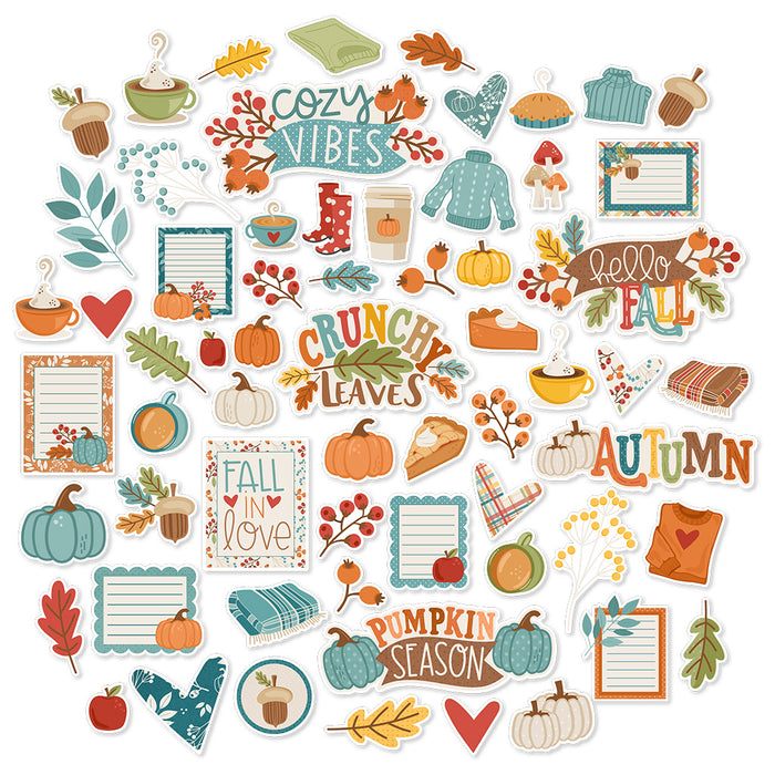 Pumpkin Season Die Cuts, main product image, showing pre-cut scrapbook embellishments for layouts, handmade cards, journals, mini albums, memory pages, and layered paper crafts. Buyer theme: Autumn Scrapbook Die Cuts for Cozy Pages. Fall die cut pack with pumpkins, leaves, mugs, sweaters, pie, blankets, journaling pieces, and cozy autumn sentiments. Visible artwork includes pumpkins, hot drink mugs, pie slices, sweaters. Coordinating patterns include autumn plaid, pumpkin toss, tiny floral dot