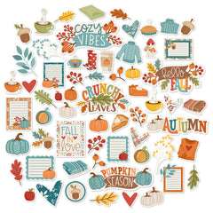 Pumpkin Season Die Cuts, main product image, showing pre-cut scrapbook embellishments for layouts, handmade cards, journals, mini albums, memory pages, and layered paper crafts. Buyer theme: Autumn Scrapbook Die Cuts for Cozy Pages. Fall die cut pack with pumpkins, leaves, mugs, sweaters, pie, blankets, journaling pieces, and cozy autumn sentiments. Visible artwork includes pumpkins, hot drink mugs, pie slices, sweaters. Coordinating patterns include autumn plaid, pumpkin toss, tiny floral dot
