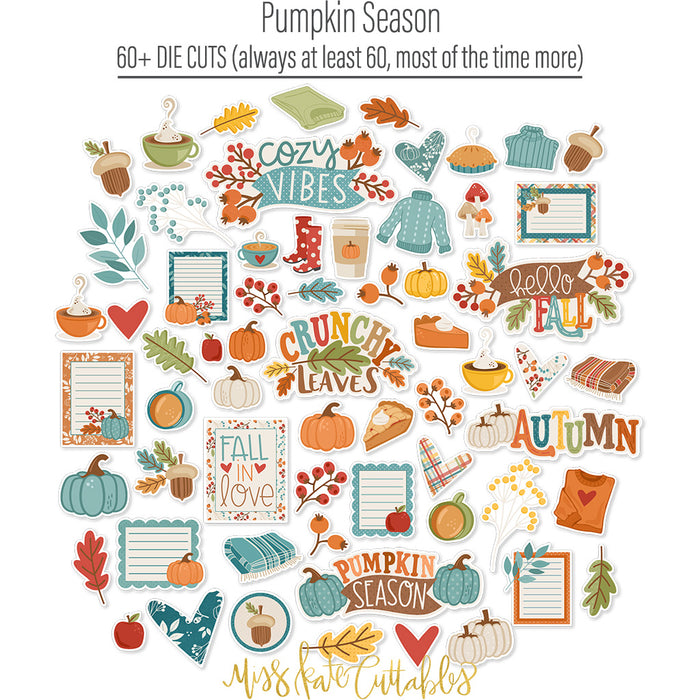 Pumpkin Season Die Cuts, die cuts spread out image, showing pre-cut scrapbook embellishments for layouts, handmade cards, journals, mini albums, memory pages, and layered paper crafts. Buyer theme: Autumn Scrapbook Die Cuts for Cozy Pages. Fall die cut pack with pumpkins, leaves, mugs, sweaters, pie, blankets, journaling pieces, and cozy autumn sentiments. Visible artwork includes sweaters, blankets, autumn leaves, acorns. Color palette includes warm cream, sage green, harvest gold