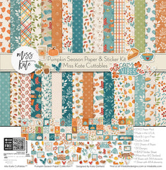 Pumpkin Season Paper & Sticker Kit, high resolution cover image, showing 12x12 scrapbook paper and coordinating stickers for scrapbook layouts, photo albums, memory keeping, cards, and paper crafts. Buyer theme: Fall Scrapbook Paper & Sticker Kit 12x12. 12x12 fall scrapbook paper and sticker kit with pumpkins, cozy icons, harvest colors, and coordinating autumn embellishments. Visible artwork includes hot drink mugs, pie slices, sweaters, blankets