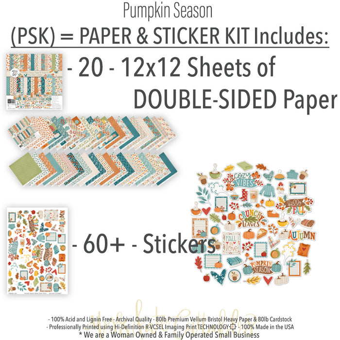 Pumpkin Season Paper & Sticker Kit, includes image, showing 12x12 scrapbook paper and coordinating stickers for scrapbook layouts, photo albums, memory keeping, cards, and paper crafts. Buyer theme: Fall Scrapbook Paper & Sticker Kit 12x12. 12x12 fall scrapbook paper and sticker kit with pumpkins, cozy icons, harvest colors, and coordinating autumn embellishments. Visible artwork includes pie slices, sweaters, blankets, autumn leaves. Designed for mini albums, junk journals, memory keeping
