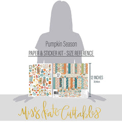 Pumpkin Season Paper & Sticker Kit, size guide image, showing 12x12 scrapbook paper and coordinating stickers for scrapbook layouts, photo albums, memory keeping, cards, and paper crafts. Buyer theme: Fall Scrapbook Paper & Sticker Kit 12x12. 12x12 fall scrapbook paper and sticker kit with pumpkins, cozy icons, harvest colors, and coordinating autumn embellishments. Visible artwork includes sweaters, blankets, autumn leaves, acorns. Color palette includes warm cream, sage green, harvest gold