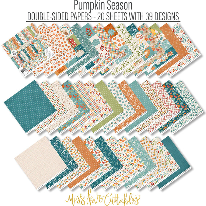 Pumpkin Season Paper & Sticker Kit, paper and sticker kit spread out image, showing 12x12 scrapbook paper and coordinating stickers for scrapbook layouts, photo albums, memory keeping, cards, and paper crafts. Buyer theme: Fall Scrapbook Paper & Sticker Kit 12x12. 12x12 fall scrapbook paper and sticker kit with pumpkins, cozy icons, harvest colors, and coordinating autumn embellishments. Visible artwork includes blankets, autumn leaves, acorns, berry sprigs