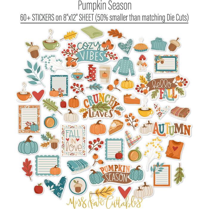 Pumpkin Season Stickers, alternate sticker sheet spread out image, showing coordinating scrapbook stickers for layouts, planners, journals, cards, memory albums, titles, and quick finishing details. Buyer theme: Fall Scrapbook Stickers for Journals & Planners. Fall sticker sheet with pumpkins, leaves, labels, hearts, mugs, sweaters, journaling accents, and cozy seasonal phrases. Visible artwork includes sweaters, blankets, autumn leaves, acorns