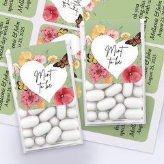 XOXOKristen floral Tic Tac favor boxes decorated with “Mint to Be” stickers featuring pink and yellow blooms, butterflies, and white heart center – XOXOKristen