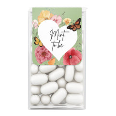 XOXOKristen personalized “Mint to Be” Tic Tac favor sticker with pastel green background, heart cutout text, watercolor flowers, and butterflies – XOXOKristen