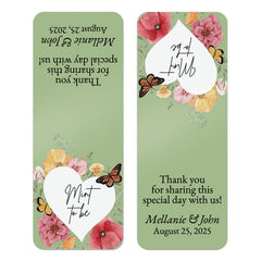XOXOKristen close-up of floral “Mint to Be” personalized favor sticker with watercolor blooms, butterflies, and elegant typography – XOXOKristen