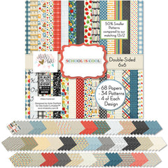 School is Cool 6x6 Double-Sided Paper Pack, 6x6 cover and paper spread out image, showing 6x6 scrapbook paper for handmade cards, mini albums, junk journals, paper layering, small-scale layouts, and coordinated paper crafts. Buyer theme: School 6x6 Scrapbook Paper for Cards & Mini Albums. School is Cool 6x6 Double-Sided Paper Pack with scaled school gingham, rulers, stars, apples, books, pencils, graph paper and classroom patterns for cards and mini albums