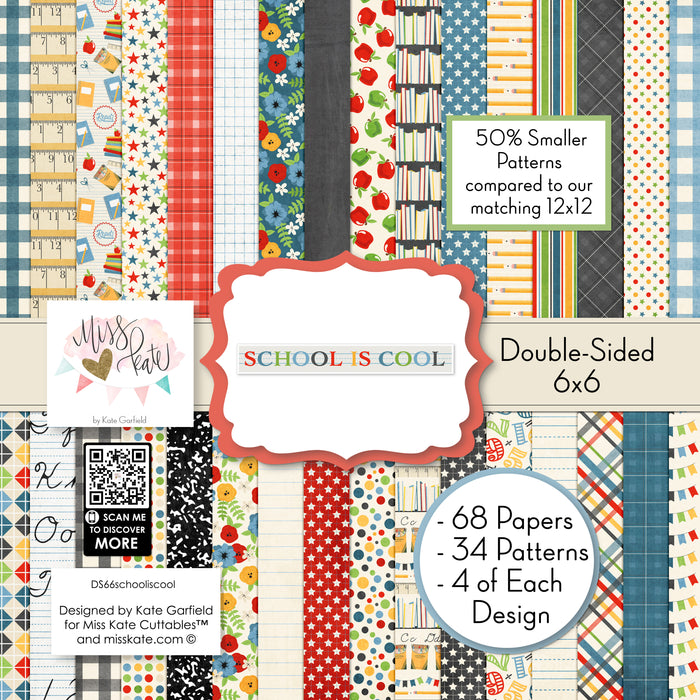 School is Cool 6x6 Double-Sided Paper Pack, high resolution cover image, showing 6x6 scrapbook paper for handmade cards, mini albums, junk journals, paper layering, small-scale layouts, and coordinated paper crafts. Buyer theme: School 6x6 Scrapbook Paper for Cards & Mini Albums. School is Cool 6x6 Double-Sided Paper Pack with scaled school gingham, rulers, stars, apples, books, pencils, graph paper and classroom patterns for cards and mini albums