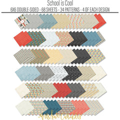 School is Cool 6x6 Double-Sided Paper Pack, papers spread out image, showing 6x6 scrapbook paper for handmade cards, mini albums, junk journals, paper layering, small-scale layouts, and coordinated paper crafts. Buyer theme: School 6x6 Scrapbook Paper for Cards & Mini Albums. School is Cool 6x6 Double-Sided Paper Pack with scaled school gingham, rulers, stars, apples, books, pencils, graph paper and classroom patterns for cards and mini albums
