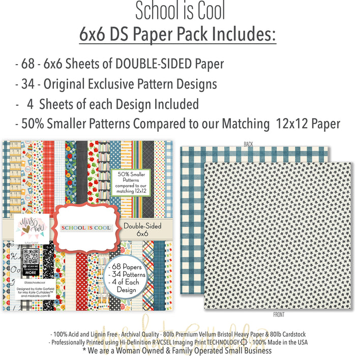 School is Cool 6x6 Double-Sided Paper Pack, 6x6 paper pack cover and includes preview, showing 6x6 scrapbook paper for handmade cards, mini albums, junk journals, paper layering, small-scale layouts, and coordinated paper crafts. Buyer theme: School 6x6 Scrapbook Paper for Cards & Mini Albums. School is Cool 6x6 Double-Sided Paper Pack with scaled school gingham, rulers, stars, apples, books, pencils, graph paper and classroom patterns for cards and mini albums