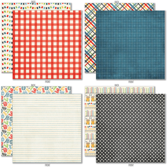 School is Cool 6x6 Double-Sided Paper Pack, 6x6 double-sided paper pack paper patterns 1 through 8 preview, showing 6x6 scrapbook paper for handmade cards, mini albums, junk journals, paper layering, small-scale layouts, and coordinated paper crafts. Buyer theme: School 6x6 Scrapbook Paper for Cards & Mini Albums. School is Cool 6x6 Double-Sided Paper Pack with scaled school gingham, rulers, stars, apples, books, pencils, graph paper and classroom patterns for cards and mini albums