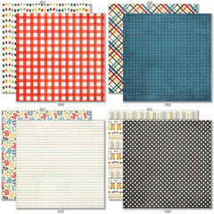 School is Cool 6x6 Double-Sided Paper Pack, 6x6 double-sided paper pack paper patterns 1 through 8 preview, showing 6x6 scrapbook paper for handmade cards, mini albums, junk journals, paper layering, small-scale layouts, and coordinated paper crafts. Buyer theme: School 6x6 Scrapbook Paper for Cards & Mini Albums. School is Cool 6x6 Double-Sided Paper Pack with scaled school gingham, rulers, stars, apples, books, pencils, graph paper and classroom patterns for cards and mini albums