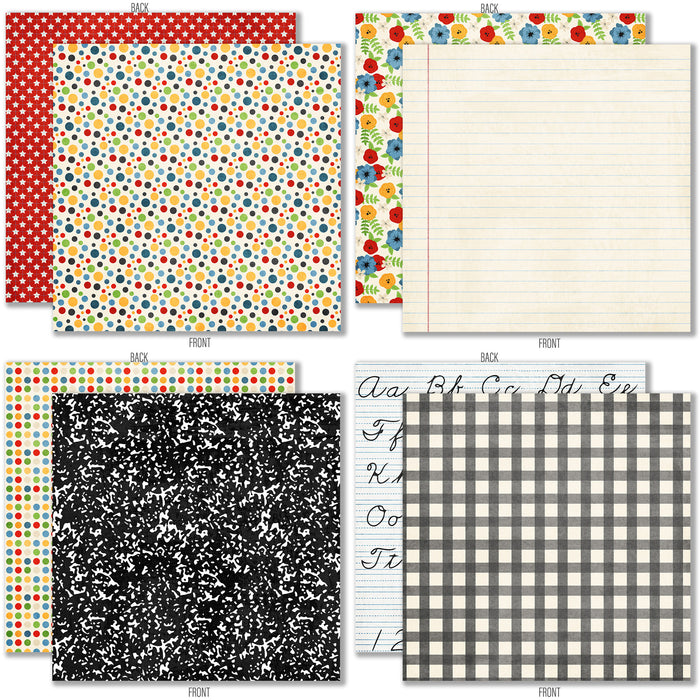 School is Cool 6x6 Double-Sided Paper Pack, 6x6 double-sided paper pack paper patterns 9 through 16 preview, showing 6x6 scrapbook paper for handmade cards, mini albums, junk journals, paper layering, small-scale layouts, and coordinated paper crafts. Buyer theme: School 6x6 Scrapbook Paper for Cards & Mini Albums. School is Cool 6x6 Double-Sided Paper Pack with scaled school gingham, rulers, stars, apples, books, pencils, graph paper and classroom patterns for cards and mini albums