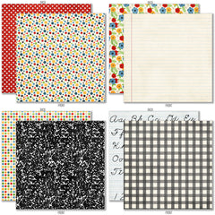 School is Cool 6x6 Double-Sided Paper Pack, 6x6 double-sided paper pack paper patterns 9 through 16 preview, showing 6x6 scrapbook paper for handmade cards, mini albums, junk journals, paper layering, small-scale layouts, and coordinated paper crafts. Buyer theme: School 6x6 Scrapbook Paper for Cards & Mini Albums. School is Cool 6x6 Double-Sided Paper Pack with scaled school gingham, rulers, stars, apples, books, pencils, graph paper and classroom patterns for cards and mini albums
