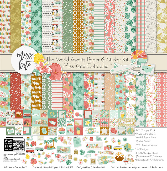 The World Awaits Paper & Sticker Kit, high resolution cover image, showing 12x12 scrapbook paper and coordinating stickers for scrapbook layouts, photo albums, memory keeping, cards, and paper crafts. Buyer theme: Travel & Vacation Scrapbook Paper & Sticker Kit. 12x12 travel paper and sticker kit with tropical florals, maps, vans, airplanes and vacation-themed cut-apart elements. Visible artwork includes plumeria flowers, monstera leaves, palm fronds, airplane
