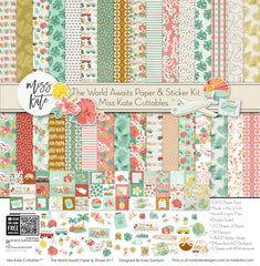 The World Awaits Paper & Sticker Kit, high resolution cover image, showing 12x12 scrapbook paper and coordinating stickers for scrapbook layouts, photo albums, memory keeping, cards, and paper crafts. Buyer theme: Travel & Vacation Scrapbook Paper & Sticker Kit. 12x12 travel paper and sticker kit with tropical florals, maps, vans, airplanes and vacation-themed cut-apart elements. Visible artwork includes plumeria flowers, monstera leaves, palm fronds, airplane