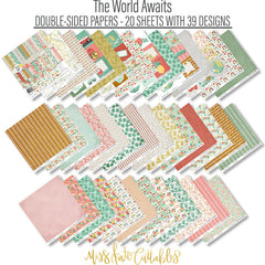 The World Awaits Paper & Sticker Kit, paper and sticker kit spread out image, showing 12x12 scrapbook paper and coordinating stickers for scrapbook layouts, photo albums, memory keeping, cards, and paper crafts. Buyer theme: Travel & Vacation Scrapbook Paper & Sticker Kit. 12x12 travel paper and sticker kit with tropical florals, maps, vans, airplanes and vacation-themed cut-apart elements. Visible artwork includes airplane, passport, camera, globe. Color palette includes yellow, sage, white