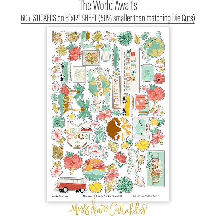 The World Awaits Stickers, sticker sheet spread out image, showing coordinating scrapbook stickers for layouts, planners, journals, cards, memory albums, titles, and quick finishing details. Buyer theme: Travel & Vacation Scrapbook Stickers. Coordinating travel sticker sheet with scaled tropical and vacation-themed embellishments for scrapbook pages and journals. Visible artwork includes airplane, passport, camera, globe. Color palette includes yellow, sage, white