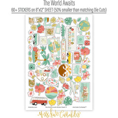 The World Awaits Stickers, sticker sheet spread out image, showing coordinating scrapbook stickers for layouts, planners, journals, cards, memory albums, titles, and quick finishing details. Buyer theme: Travel & Vacation Scrapbook Stickers. Coordinating travel sticker sheet with scaled tropical and vacation-themed embellishments for scrapbook pages and journals. Visible artwork includes airplane, passport, camera, globe. Color palette includes yellow, sage, white