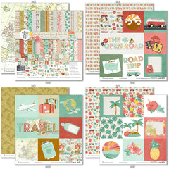 The World Awaits Paper & Sticker Kit, 12x12 paper designs cover to 6 preview, showing 12x12 scrapbook paper and coordinating stickers for scrapbook layouts, photo albums, memory keeping, cards, and paper crafts. Buyer theme: Travel & Vacation Scrapbook Paper & Sticker Kit. 12x12 travel paper and sticker kit with tropical florals, maps, vans, airplanes and vacation-themed cut-apart elements. Visible artwork includes globe, map, vintage van, suitcase. Color palette includes charcoal, coral, mint
