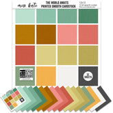 The World Awaits Cardstock, main product image, showing 12x12 printed smooth cardstock for scrapbook page bases, photo mats, card making, die cutting, titles, borders, and layered paper projects. Buyer theme: Tropical Travel Printed Smooth Cardstock. Coordinating printed smooth cardstock in tropical vacation colors including mint, teal, coral, gold, yellow, sage, white and charcoal. Visible artwork includes hibiscus flowers, plumeria flowers, monstera leaves, palm fronds