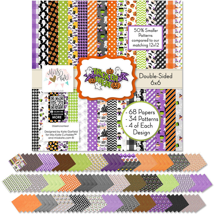 Trick or Treat 6x6 Double-Sided Paper Pack, 6x6 cover and paper spread out image, showing 6x6 scrapbook paper for handmade cards, mini albums, junk journals, paper layering, small-scale layouts, and coordinated paper crafts. Buyer theme: Cute Halloween 6x6 Paper Pack. Trick or Treat 6x6 double-sided scrapbook paper with scaled cute Halloween patterns for cards, mini albums and journals