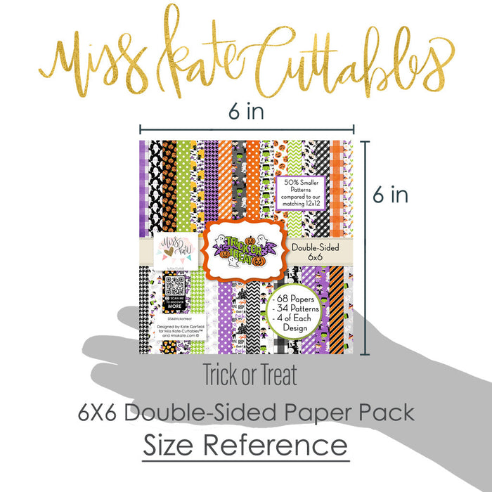 Trick or Treat 6x6 Double-Sided Paper Pack, size guide shown in hand for scale, showing 6x6 scrapbook paper for handmade cards, mini albums, junk journals, paper layering, small-scale layouts, and coordinated paper crafts. Buyer theme: Cute Halloween 6x6 Paper Pack. Trick or Treat 6x6 double-sided scrapbook paper with scaled cute Halloween patterns for cards, mini albums and journals. Card making paper, mini album paper, junk journal paper, small scrapbook patterns, and coordinated craft paper