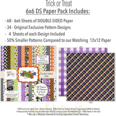 Trick or Treat 6x6 Double-Sided Paper Pack, 6x6 paper pack cover and includes preview, showing 6x6 scrapbook paper for handmade cards, mini albums, junk journals, paper layering, small-scale layouts, and coordinated paper crafts. Buyer theme: Cute Halloween 6x6 Paper Pack. Trick or Treat 6x6 double-sided scrapbook paper with scaled cute Halloween patterns for cards, mini albums and journals