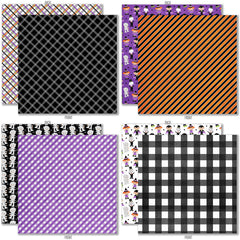 Trick or Treat 6x6 Double-Sided Paper Pack, 6x6 double-sided paper pack paper patterns 1 through 8 preview, showing 6x6 scrapbook paper for handmade cards, mini albums, junk journals, paper layering, small-scale layouts, and coordinated paper crafts. Buyer theme: Cute Halloween 6x6 Paper Pack. Trick or Treat 6x6 double-sided scrapbook paper with scaled cute Halloween patterns for cards, mini albums and journals