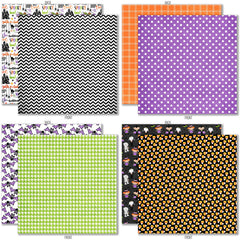 Trick or Treat 6x6 Double-Sided Paper Pack, 6x6 double-sided paper pack paper patterns 9 through 16 preview, showing 6x6 scrapbook paper for handmade cards, mini albums, junk journals, paper layering, small-scale layouts, and coordinated paper crafts. Buyer theme: Cute Halloween 6x6 Paper Pack. Trick or Treat 6x6 double-sided scrapbook paper with scaled cute Halloween patterns for cards, mini albums and journals