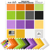 Trick or Treat Cardstock, main product image, showing 12x12 printed smooth cardstock for scrapbook page bases, photo mats, card making, die cutting, titles, borders, and layered paper projects. Buyer theme: Halloween Printed Smooth Cardstock. Trick or Treat Printed Smooth Cardstock in sixteen coordinating orange, yellow, green, purple, gray, black and white linen-look colors for Halloween paper crafting