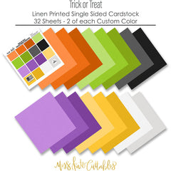 Trick or Treat Cardstock, papers spread out image, showing 12x12 printed smooth cardstock for scrapbook page bases, photo mats, card making, die cutting, titles, borders, and layered paper projects. Buyer theme: Halloween Printed Smooth Cardstock. Trick or Treat Printed Smooth Cardstock in sixteen coordinating orange, yellow, green, purple, gray, black and white linen-look colors for Halloween paper crafting