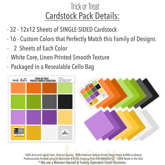 Trick or Treat Cardstock, includes image, showing 12x12 printed smooth cardstock for scrapbook page bases, photo mats, card making, die cutting, titles, borders, and layered paper projects. Buyer theme: Halloween Printed Smooth Cardstock. Trick or Treat Printed Smooth Cardstock in sixteen coordinating orange, yellow, green, purple, gray, black and white linen-look colors for Halloween paper crafting