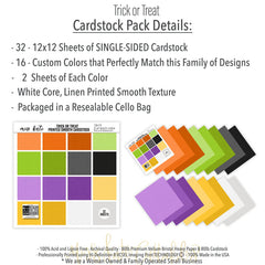 Trick or Treat Cardstock, includes image, showing 12x12 printed smooth cardstock for scrapbook page bases, photo mats, card making, die cutting, titles, borders, and layered paper projects. Buyer theme: Halloween Printed Smooth Cardstock. Trick or Treat Printed Smooth Cardstock in sixteen coordinating orange, yellow, green, purple, gray, black and white linen-look colors for Halloween paper crafting
