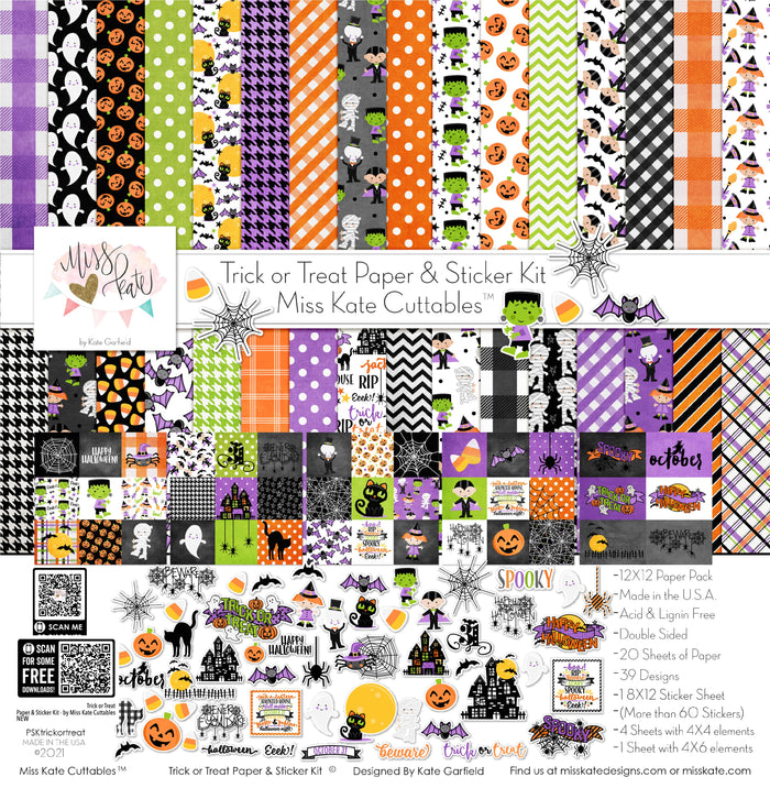 Trick or Treat Paper & Sticker Kit, high resolution cover image, showing 12x12 scrapbook paper and coordinating stickers for scrapbook layouts, photo albums, memory keeping, cards, and paper crafts. Buyer theme: Cute Halloween 12x12 Paper & Sticker Kit. 12x12 Trick or Treat Paper & Sticker Kit with 39 cute Halloween paper designs, 4x4 and 4x6 element sheets and a coordinating spooky-cute sticker sheet