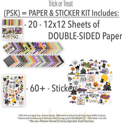 Trick or Treat Paper & Sticker Kit, includes image, showing 12x12 scrapbook paper and coordinating stickers for scrapbook layouts, photo albums, memory keeping, cards, and paper crafts. Buyer theme: Cute Halloween 12x12 Paper & Sticker Kit. 12x12 Trick or Treat Paper & Sticker Kit with 39 cute Halloween paper designs, 4x4 and 4x6 element sheets and a coordinating spooky-cute sticker sheet. Useful for documenting photographs, celebrations, milestones, everyday moments, and favorite memories