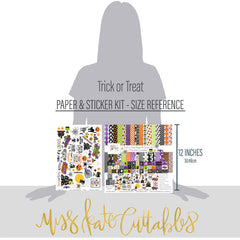 Trick or Treat Paper & Sticker Kit, size guide image, showing 12x12 scrapbook paper and coordinating stickers for scrapbook layouts, photo albums, memory keeping, cards, and paper crafts. Buyer theme: Cute Halloween 12x12 Paper & Sticker Kit. 12x12 Trick or Treat Paper & Sticker Kit with 39 cute Halloween paper designs, 4x4 and 4x6 element sheets and a coordinating spooky-cute sticker sheet. Useful for documenting photographs, celebrations, milestones, everyday moments, and favorite memories